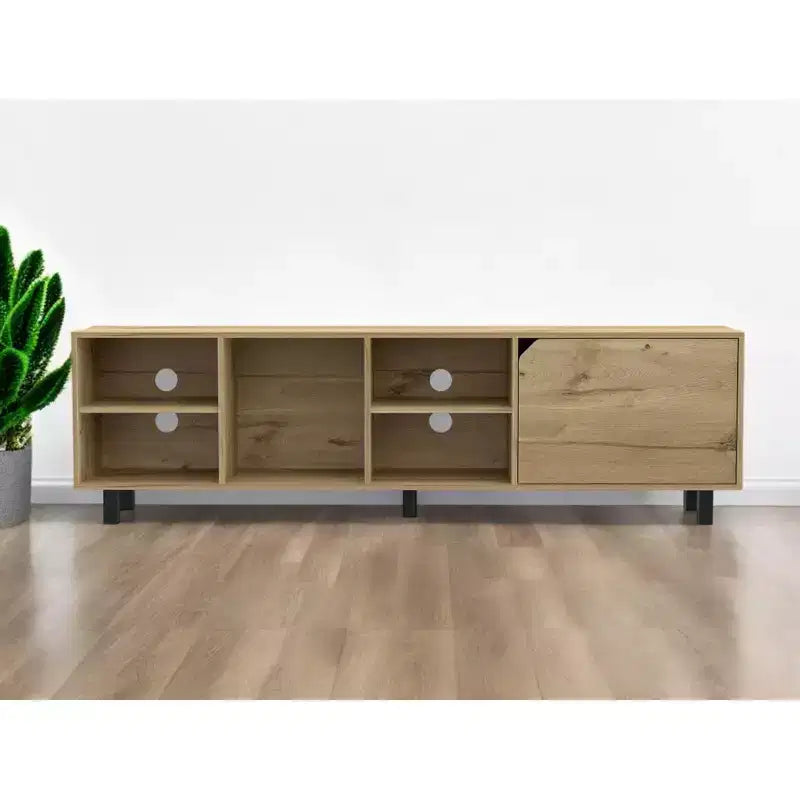 Meuble TV HomeRoots 71 en bois naturel avec rangement fermé et ouvert
