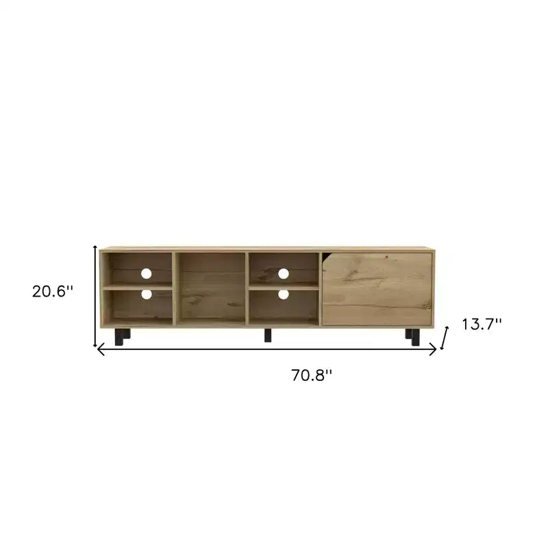 Meuble TV HomeRoots 71 en bois naturel avec rangement fermé et ouvert