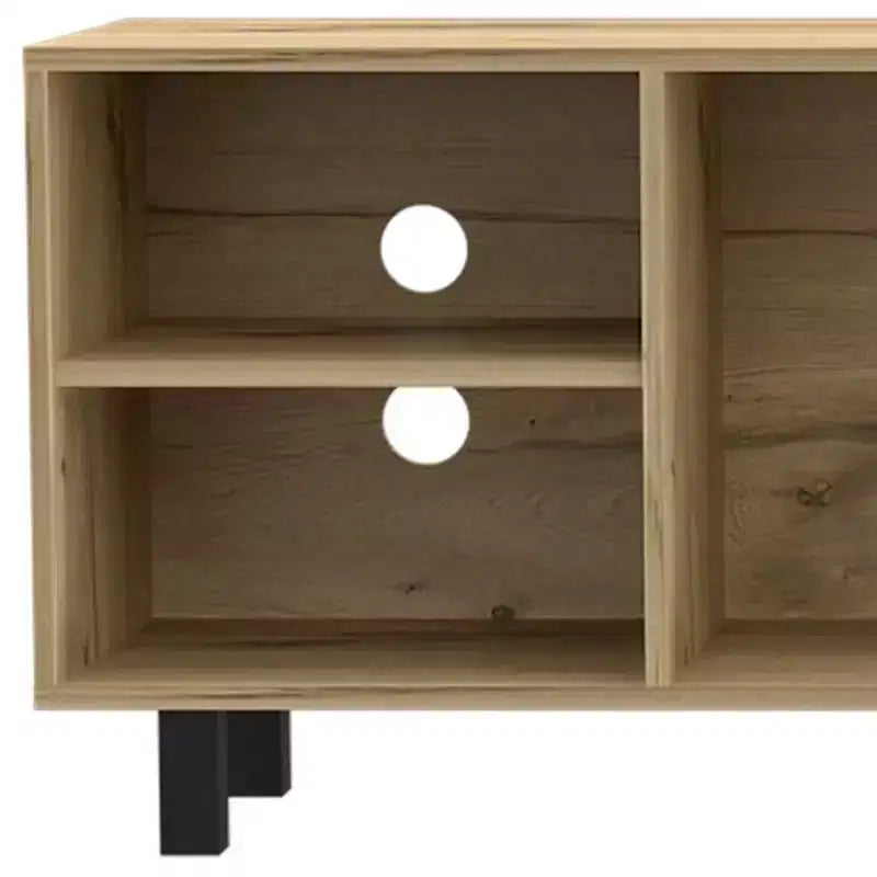 Meuble TV HomeRoots 71 en bois naturel avec rangement fermé et ouvert
