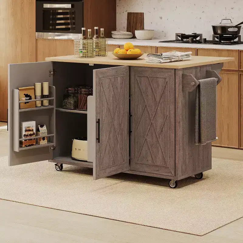 Îlot de cuisine Okak avec motif texturé à rayures sergées géométriques, chariot de cuisine avec abattant et étagère de rangement interne pour cuisine, salle à manger