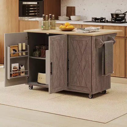 Îlot de cuisine Okak avec motif texturé à rayures sergées géométriques, chariot de cuisine avec abattant et étagère de rangement interne pour cuisine, salle à manger