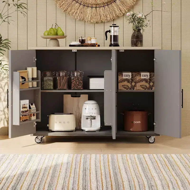 Îlot de cuisine Okak avec motif texturé à rayures sergées géométriques, chariot de cuisine avec abattant et étagère de rangement interne pour cuisine, salle à manger