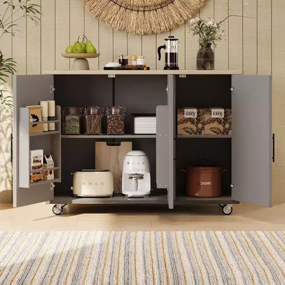 Îlot de cuisine Okak avec motif texturé à rayures sergées géométriques, chariot de cuisine avec abattant et étagère de rangement interne pour cuisine, salle à manger
