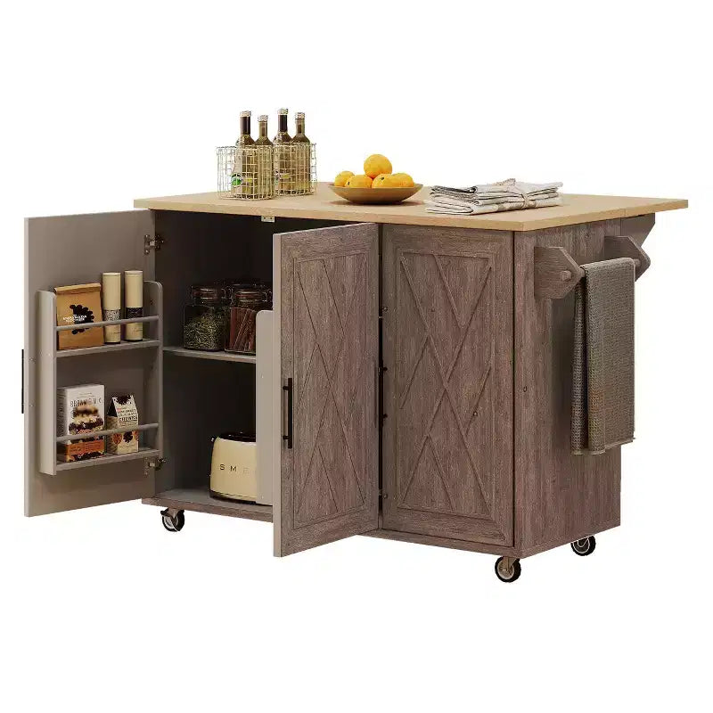 Îlot de cuisine Okak avec motif texturé à rayures sergées géométriques, chariot de cuisine avec abattant et étagère de rangement interne pour cuisine, salle à manger