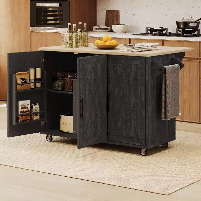 Îlot de cuisine Okak avec motif texturé à rayures sergées géométriques, chariot de cuisine avec abattant et étagère de rangement interne pour cuisine, salle à manger