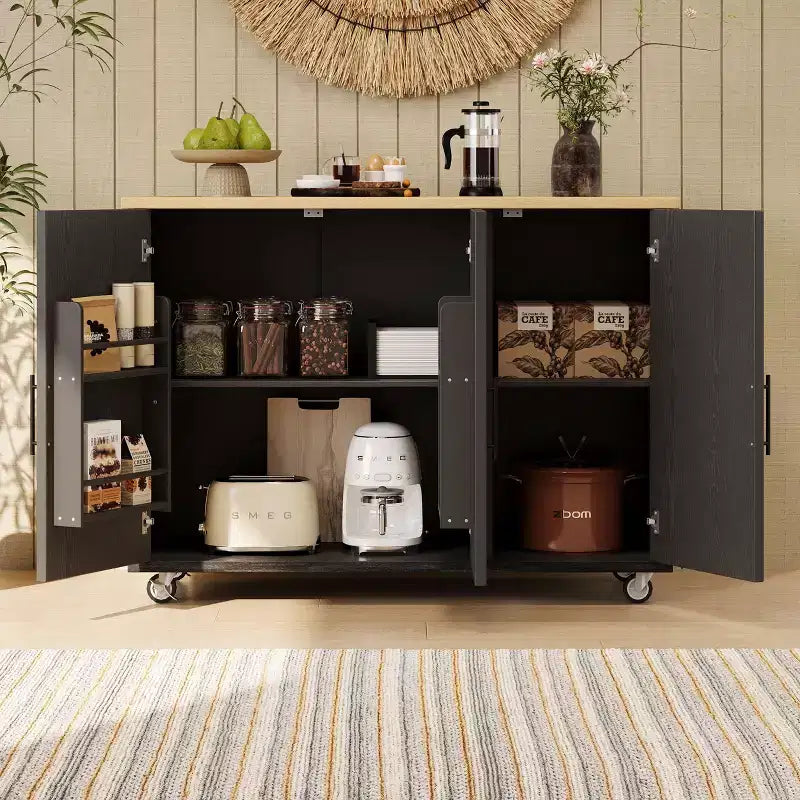 Îlot de cuisine Okak avec motif texturé à rayures sergées géométriques, chariot de cuisine avec abattant et étagère de rangement interne pour cuisine, salle à manger