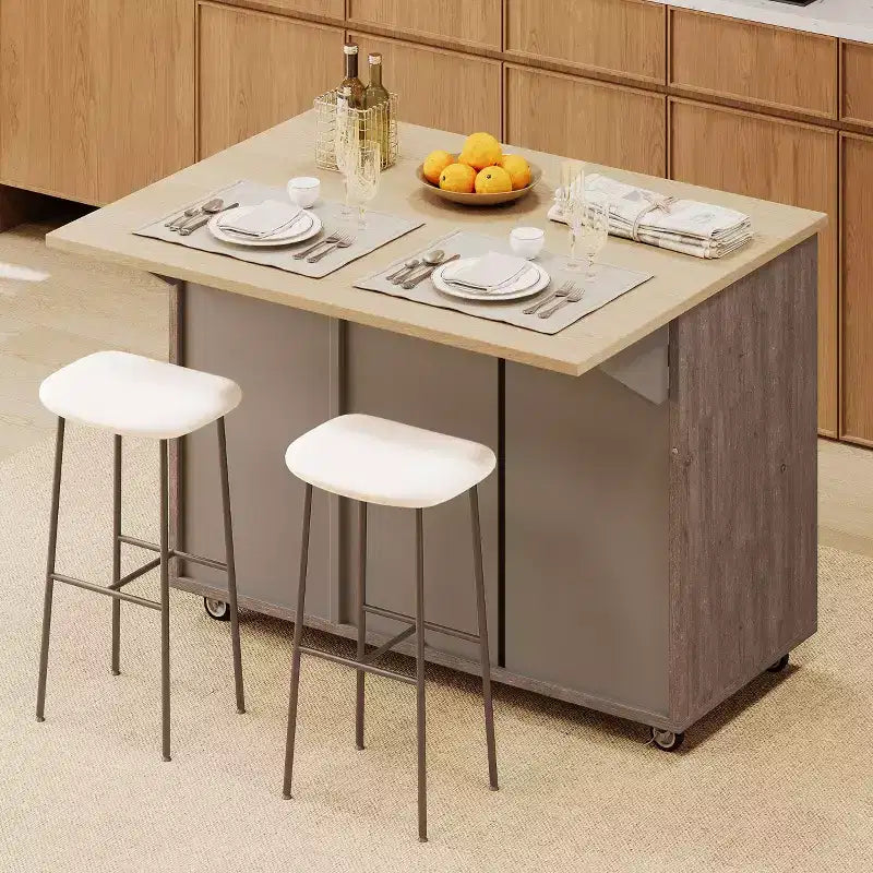 Îlot de cuisine Okak avec motif texturé à rayures sergées géométriques, chariot de cuisine avec abattant et étagère de rangement interne pour cuisine, salle à manger
