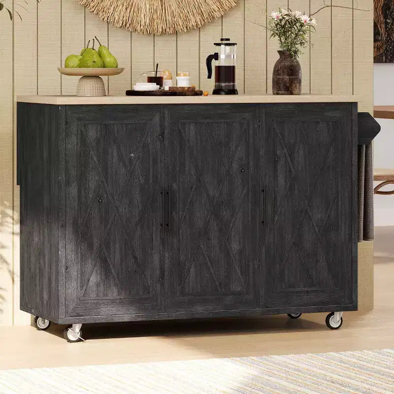 Îlot de cuisine Okak avec motif texturé à rayures sergées géométriques, chariot de cuisine avec abattant et étagère de rangement interne pour cuisine, salle à manger