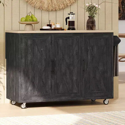 Îlot de cuisine Okak avec motif texturé à rayures sergées géométriques, chariot de cuisine avec abattant et étagère de rangement interne pour cuisine, salle à manger