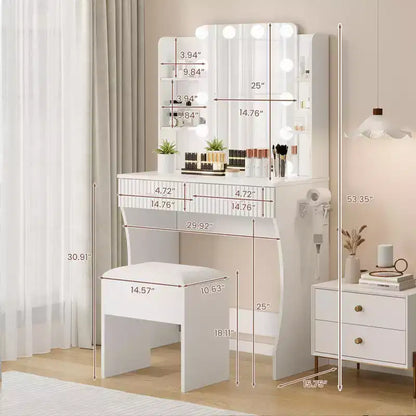 Coiffeuse avec miroir, petite coiffeuse de maquillage avec tiroirs de rangement et tabouret, coiffeuse avec porte-sèche-cheveux pour chambre de femmes et de filles