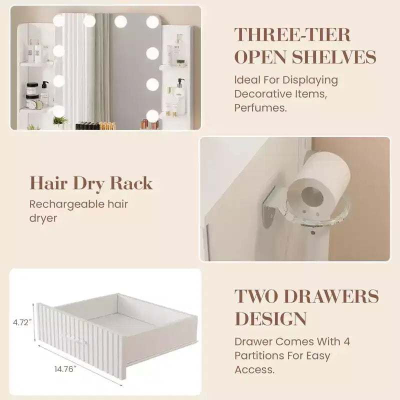 Coiffeuse avec miroir, petite coiffeuse de maquillage avec tiroirs de rangement et tabouret, coiffeuse avec porte-sèche-cheveux pour chambre de femmes et de filles