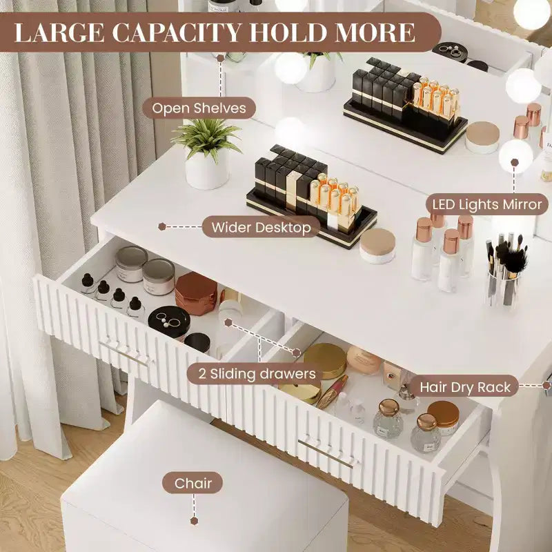 Coiffeuse avec miroir, petite coiffeuse de maquillage avec tiroirs de rangement et tabouret, coiffeuse avec porte-sèche-cheveux pour chambre de femmes et de filles