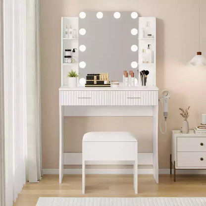 Coiffeuse avec miroir, petite coiffeuse de maquillage avec tiroirs de rangement et tabouret, coiffeuse avec porte-sèche-cheveux pour chambre de femmes et de filles