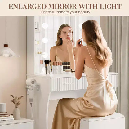 Coiffeuse avec miroir, petite coiffeuse de maquillage avec tiroirs de rangement et tabouret, coiffeuse avec porte-sèche-cheveux pour chambre de femmes et de filles