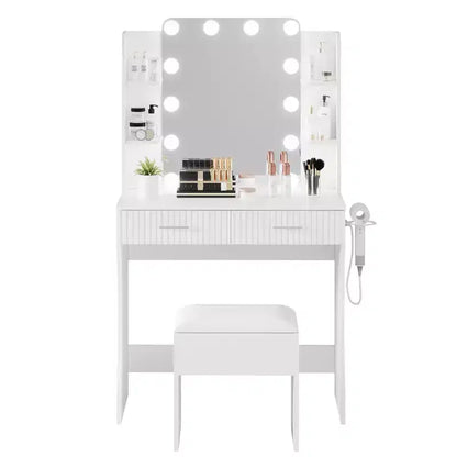 Coiffeuse avec miroir, petite coiffeuse de maquillage avec tiroirs de rangement et tabouret, coiffeuse avec porte-sèche-cheveux pour chambre de femmes et de filles