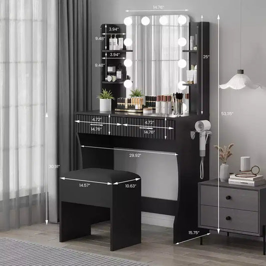 Coiffeuse avec miroir, petite coiffeuse de maquillage avec tiroirs de rangement et tabouret, coiffeuse avec porte-sèche-cheveux pour chambre de femmes et de filles