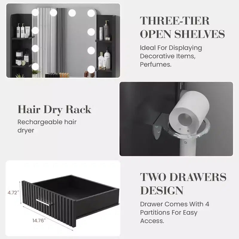 Coiffeuse avec miroir, petite coiffeuse de maquillage avec tiroirs de rangement et tabouret, coiffeuse avec porte-sèche-cheveux pour chambre de femmes et de filles