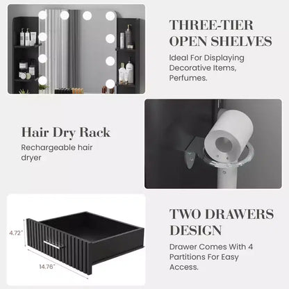 Coiffeuse avec miroir, petite coiffeuse de maquillage avec tiroirs de rangement et tabouret, coiffeuse avec porte-sèche-cheveux pour chambre de femmes et de filles