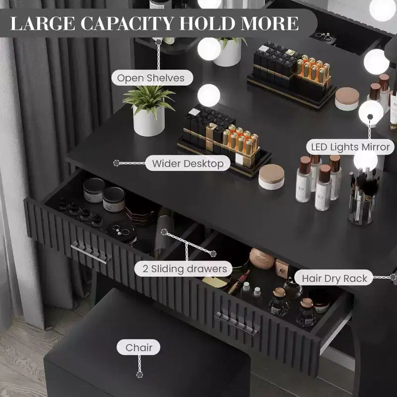 Coiffeuse avec miroir, petite coiffeuse de maquillage avec tiroirs de rangement et tabouret, coiffeuse avec porte-sèche-cheveux pour chambre de femmes et de filles