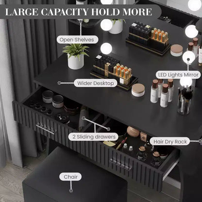 Coiffeuse avec miroir, petite coiffeuse de maquillage avec tiroirs de rangement et tabouret, coiffeuse avec porte-sèche-cheveux pour chambre de femmes et de filles