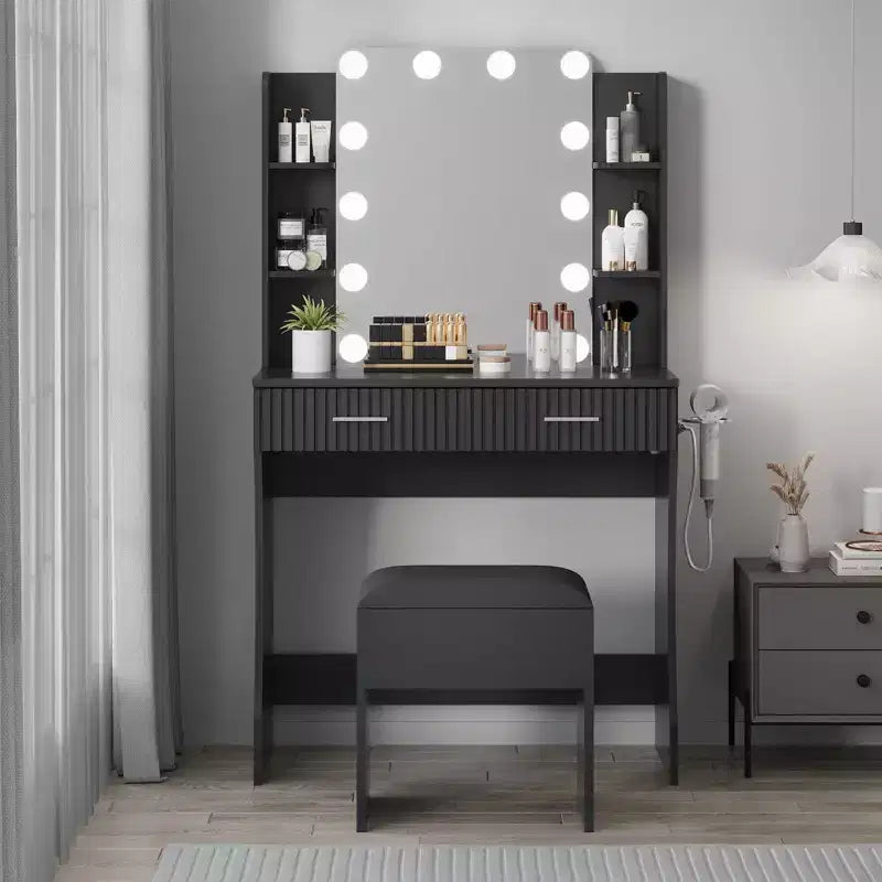 Coiffeuse avec miroir, petite coiffeuse de maquillage avec tiroirs de rangement et tabouret, coiffeuse avec porte-sèche-cheveux pour chambre de femmes et de filles