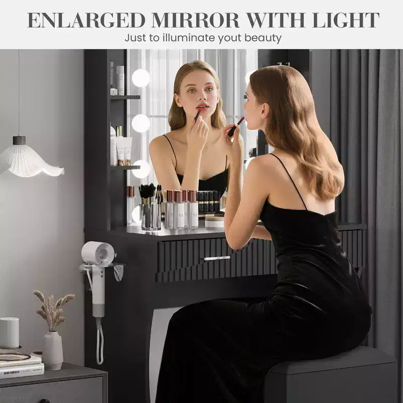 Coiffeuse avec miroir, petite coiffeuse de maquillage avec tiroirs de rangement et tabouret, coiffeuse avec porte-sèche-cheveux pour chambre de femmes et de filles