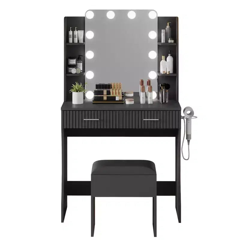 Coiffeuse avec miroir, petite coiffeuse de maquillage avec tiroirs de rangement et tabouret, coiffeuse avec porte-sèche-cheveux pour chambre de femmes et de filles