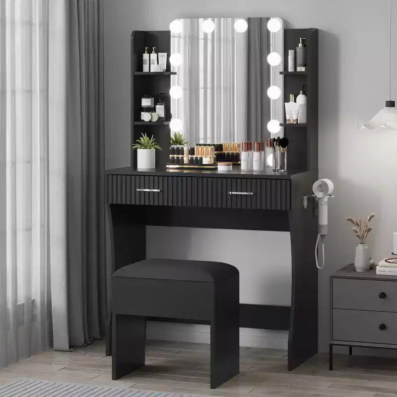 Vanity Desk with Mirror, Small Makeup Vanity Table Set with Storage Drawers & Stool, Dressing Table with Hair Dryer Holder for Women Girls Bedroom