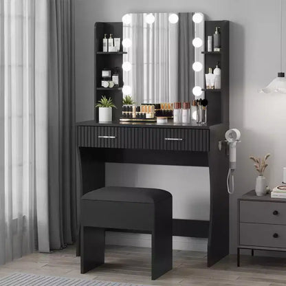 Vanity Desk with Mirror, Small Makeup Vanity Table Set with Storage Drawers & Stool, Dressing Table with Hair Dryer Holder for Women Girls Bedroom