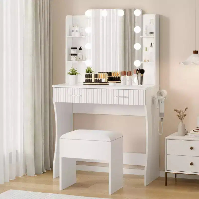 Coiffeuse avec miroir, petite coiffeuse de maquillage avec tiroirs de rangement et tabouret, coiffeuse avec porte-sèche-cheveux pour chambre de femmes et de filles