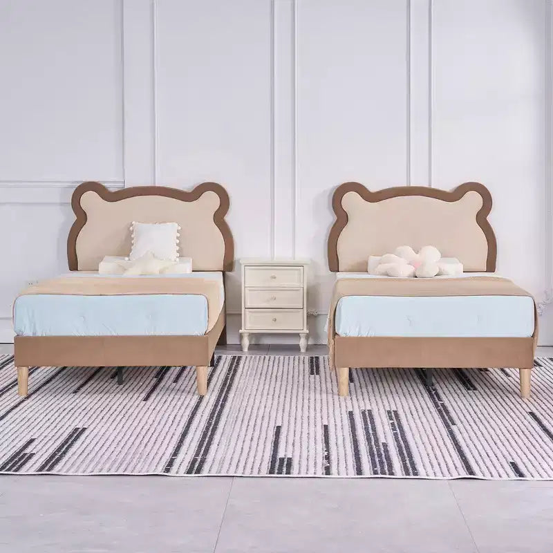 Cadre de lit pour enfant VECELO taille double marron, cadre de lit plateforme rembourré en bois en forme d'ours avec tête de lit réglable, pas besoin de sommier.