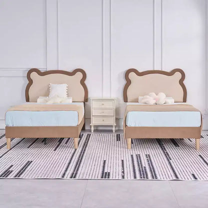 Cadre de lit pour enfant VECELO taille double marron, cadre de lit plateforme rembourré en bois en forme d'ours avec tête de lit réglable, pas besoin de sommier.