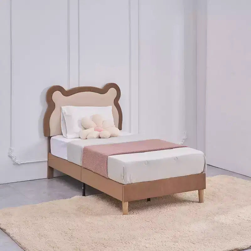 Cadre de lit pour enfant VECELO taille double marron, cadre de lit plateforme rembourré en bois en forme d'ours avec tête de lit réglable, pas besoin de sommier.