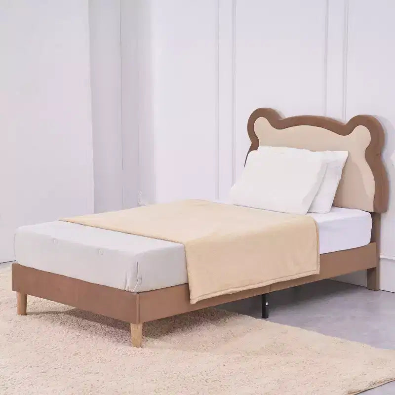 Cadre de lit pour enfant VECELO taille double marron, cadre de lit plateforme rembourré en bois en forme d'ours avec tête de lit réglable, pas besoin de sommier.