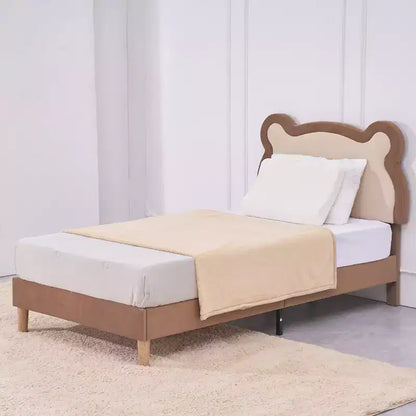 Cadre de lit pour enfant VECELO taille double marron, cadre de lit plateforme rembourré en bois en forme d'ours avec tête de lit réglable, pas besoin de sommier.