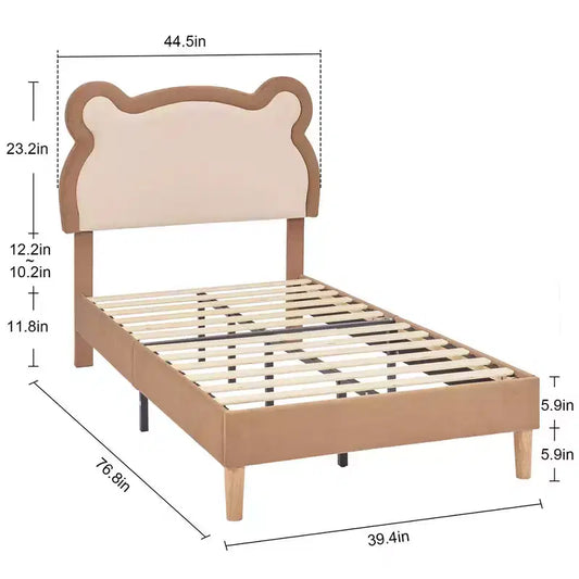 Cadre de lit pour enfant VECELO taille double marron, cadre de lit plateforme rembourré en bois en forme d'ours avec tête de lit réglable, pas besoin de sommier.