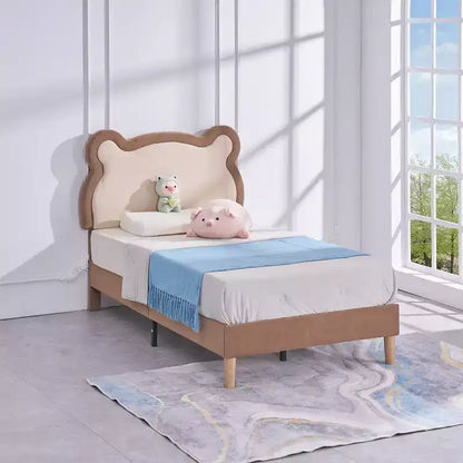 Cadre de lit pour enfant VECELO taille double marron, cadre de lit plateforme rembourré en bois en forme d'ours avec tête de lit réglable, pas besoin de sommier.