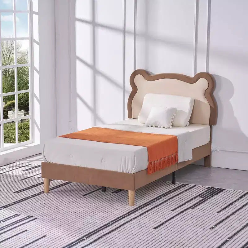 Cadre de lit pour enfant VECELO taille double marron, cadre de lit plateforme rembourré en bois en forme d'ours avec tête de lit réglable, pas besoin de sommier.