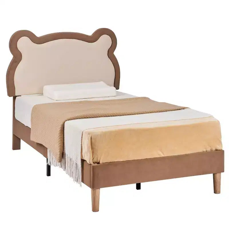 Cadre de lit pour enfant VECELO taille double marron, cadre de lit plateforme rembourré en bois en forme d'ours avec tête de lit réglable, pas besoin de sommier.
