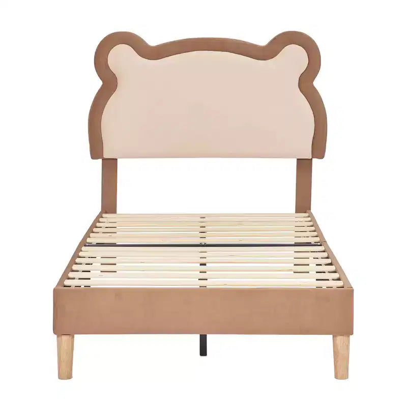 Cadre de lit pour enfant VECELO taille double marron, cadre de lit plateforme rembourré en bois en forme d'ours avec tête de lit réglable, pas besoin de sommier.