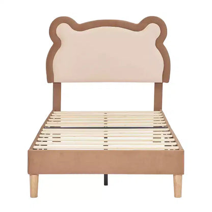 Cadre de lit pour enfant VECELO taille double marron, cadre de lit plateforme rembourré en bois en forme d'ours avec tête de lit réglable, pas besoin de sommier.