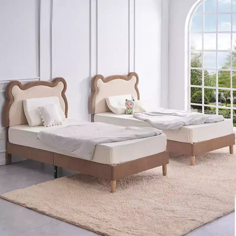 Cadre de lit pour enfant VECELO taille double marron, cadre de lit plateforme rembourré en bois en forme d'ours avec tête de lit réglable, pas besoin de sommier.