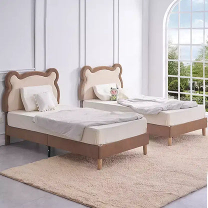 Cadre de lit pour enfant VECELO taille double marron, cadre de lit plateforme rembourré en bois en forme d'ours avec tête de lit réglable, pas besoin de sommier.