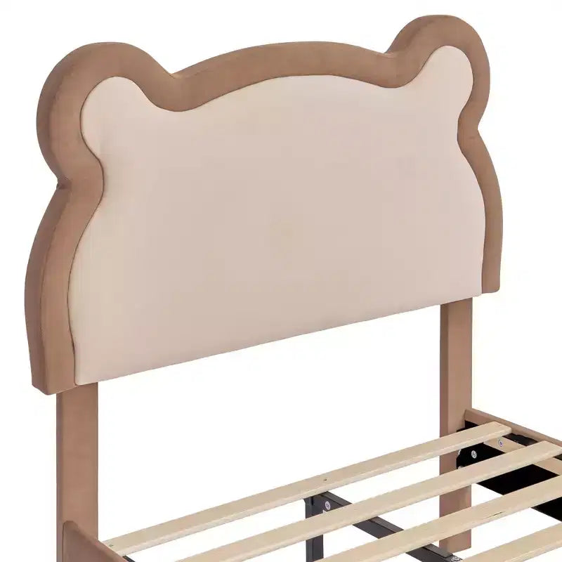 Cadre de lit pour enfant VECELO taille double marron, cadre de lit plateforme rembourré en bois en forme d'ours avec tête de lit réglable, pas besoin de sommier.