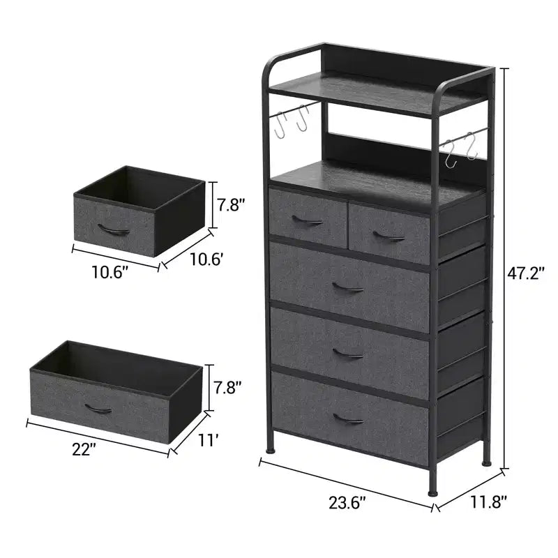 Commode à 5 tiroirs en tissu avec plateau en bois - Organiseur de rangement robuste à cadre métallique pour chambre, couloir, entrée
