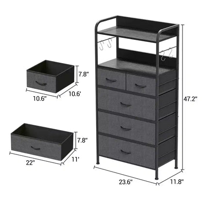 Commode à 5 tiroirs en tissu avec plateau en bois - Organiseur de rangement robuste à cadre métallique pour chambre, couloir, entrée