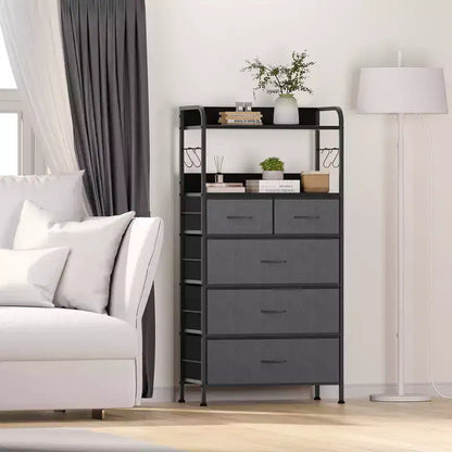 Commode à 5 tiroirs en tissu avec plateau en bois - Organiseur de rangement robuste à cadre métallique pour chambre, couloir, entrée