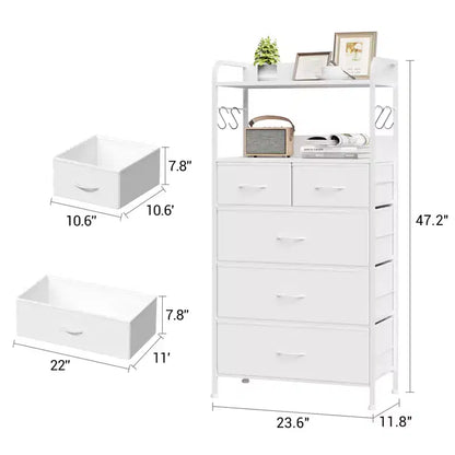 Commode à 5 tiroirs en tissu avec plateau en bois - Organiseur de rangement robuste à cadre métallique pour chambre, couloir, entrée