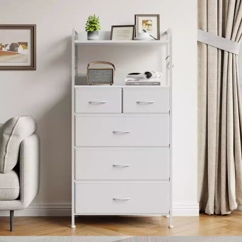 Commode à 5 tiroirs en tissu avec plateau en bois - Organiseur de rangement robuste à cadre métallique pour chambre, couloir, entrée