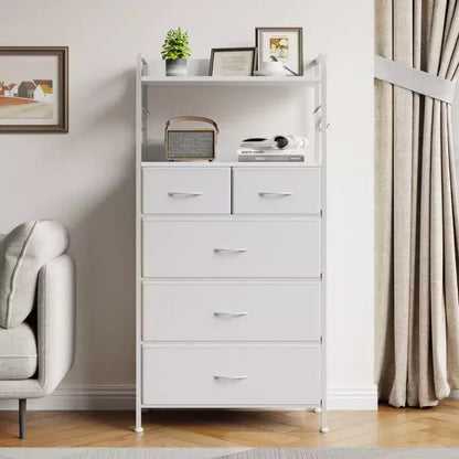Commode à 5 tiroirs en tissu avec plateau en bois - Organiseur de rangement robuste à cadre métallique pour chambre, couloir, entrée